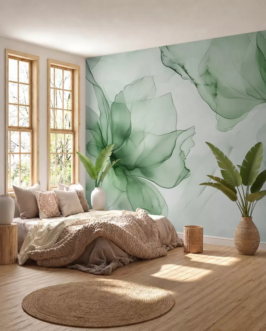 wall murals Fluid style flowers, floral abstraction, watercolor, green color palette  w03406