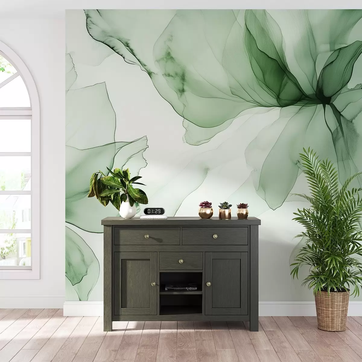 wall murals Fluid style flowers, floral abstraction, watercolor, green color palette  w03406