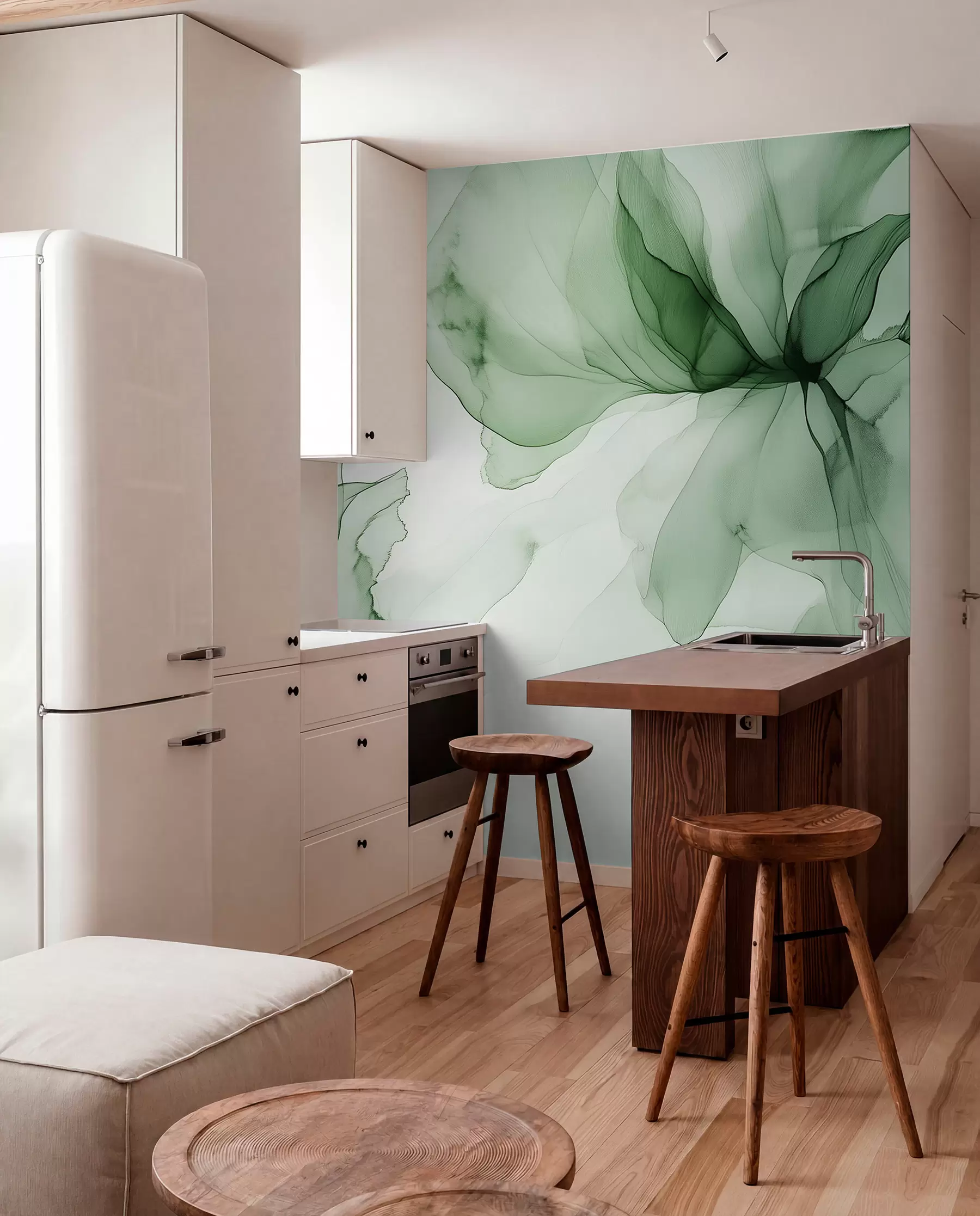 wall murals Fluid style flowers, floral abstraction, watercolor, green color palette  w03406