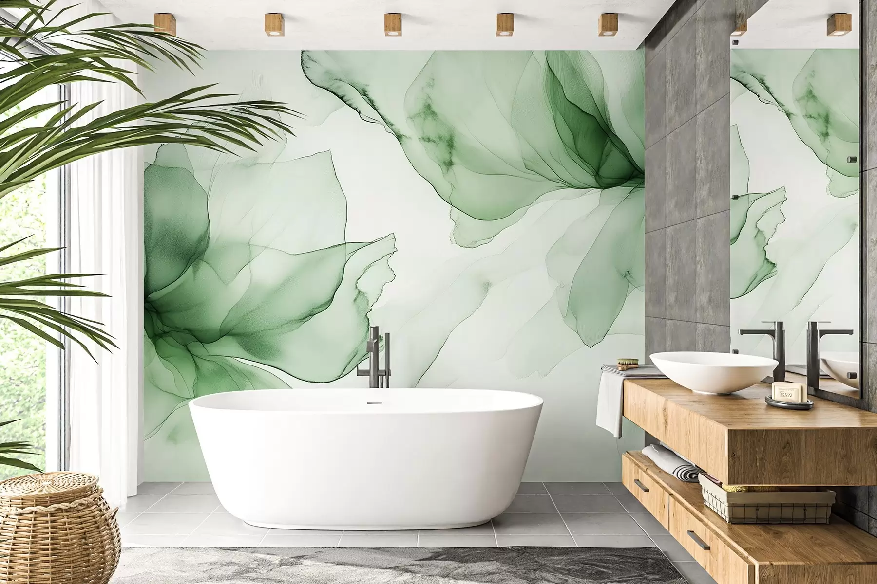 wall murals Fluid style flowers, floral abstraction, watercolor, green color palette  w03406