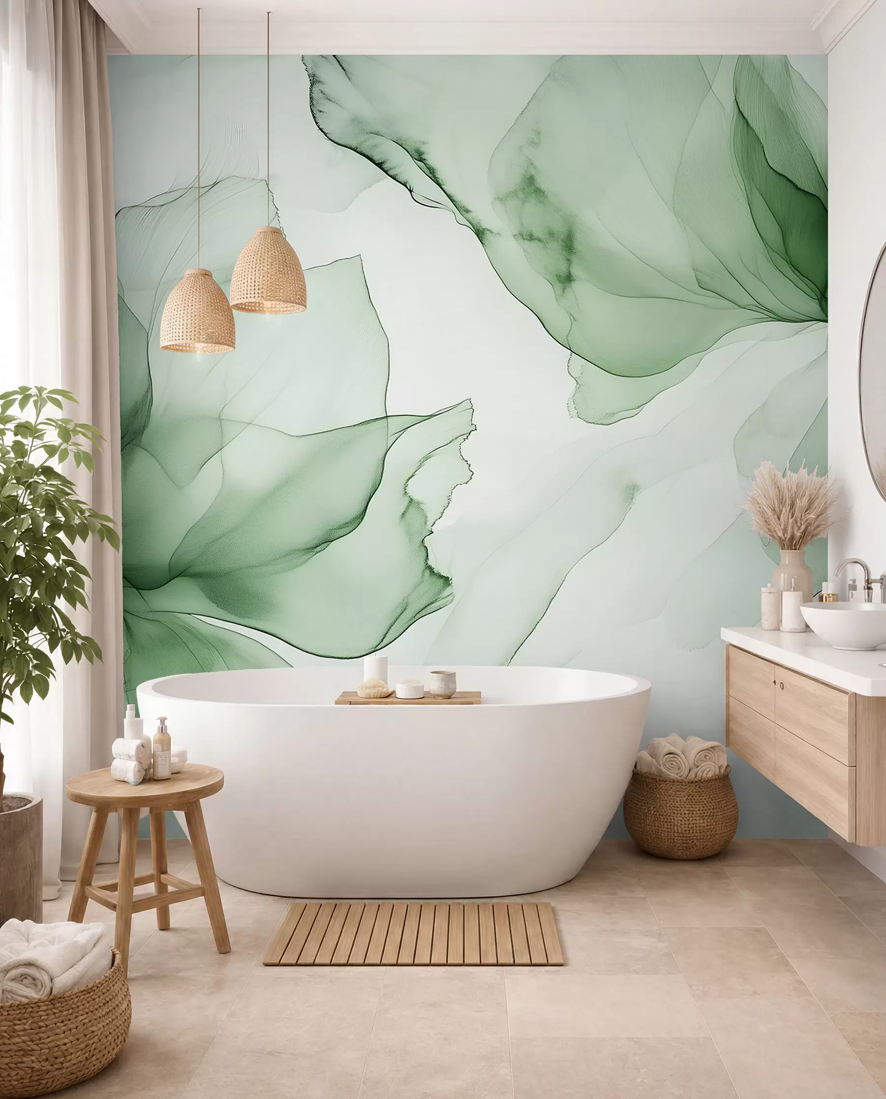wall murals Fluid style flowers, floral abstraction, watercolor, green color palette  w03406