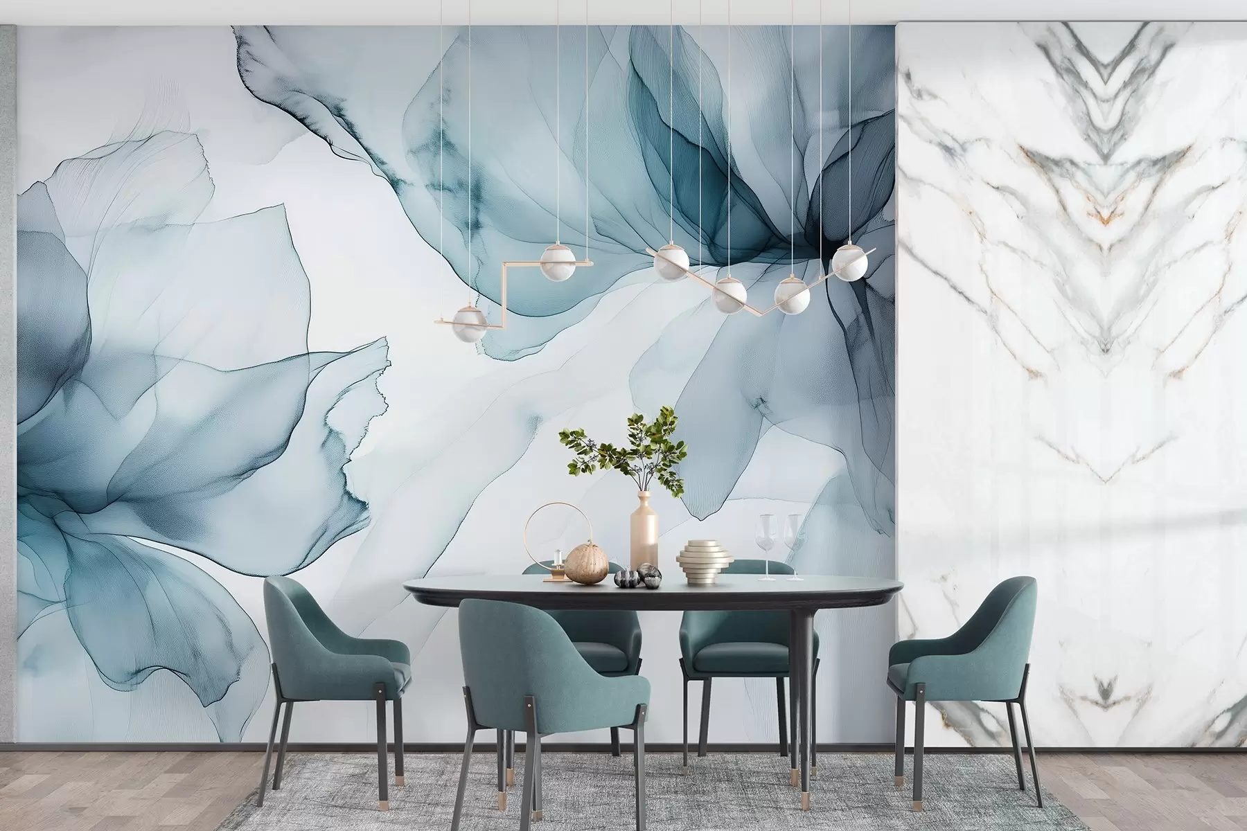 wall murals Fluid style flowers, floral abstraction, watercolor, blue color palette  w03406v2