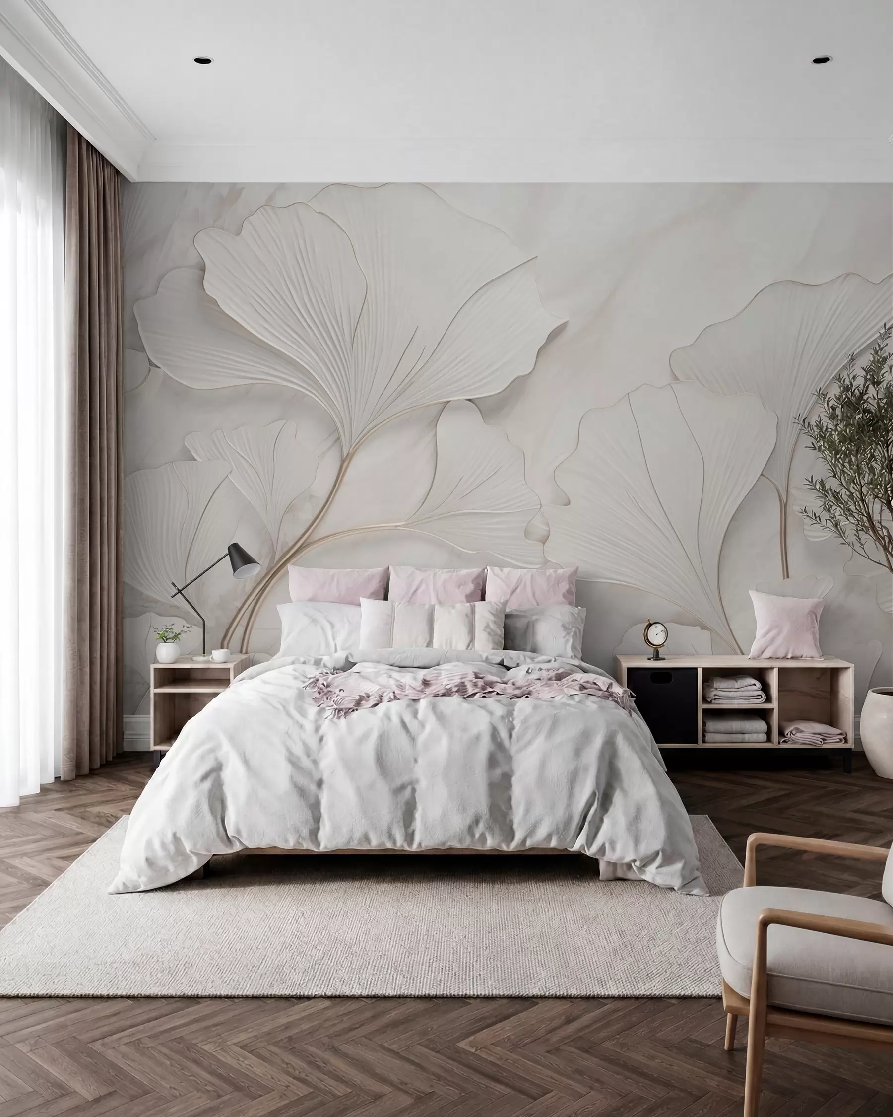 wall murals Chalk White Leaves w03440