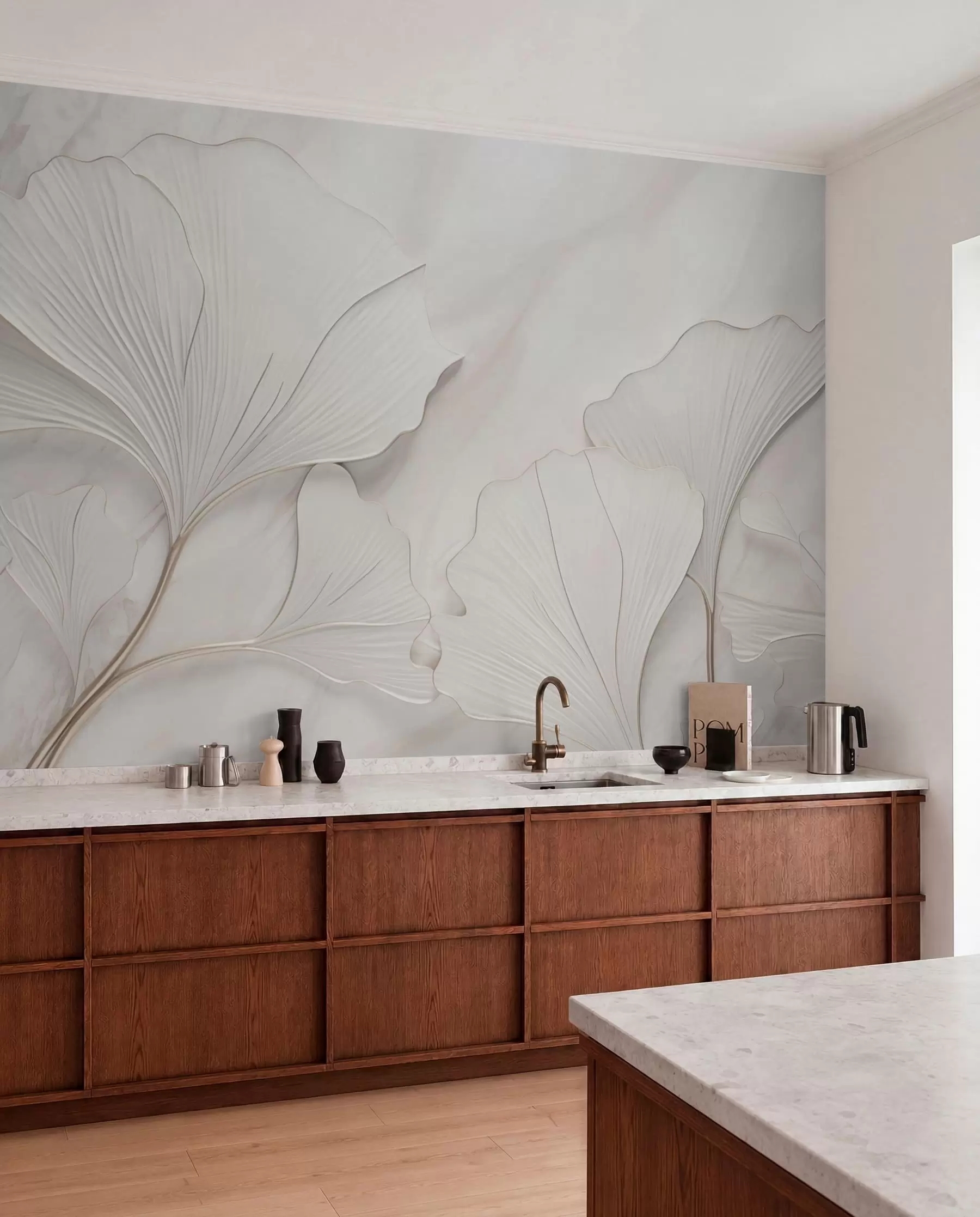 wall murals Pastel leaves on a marble background w03440