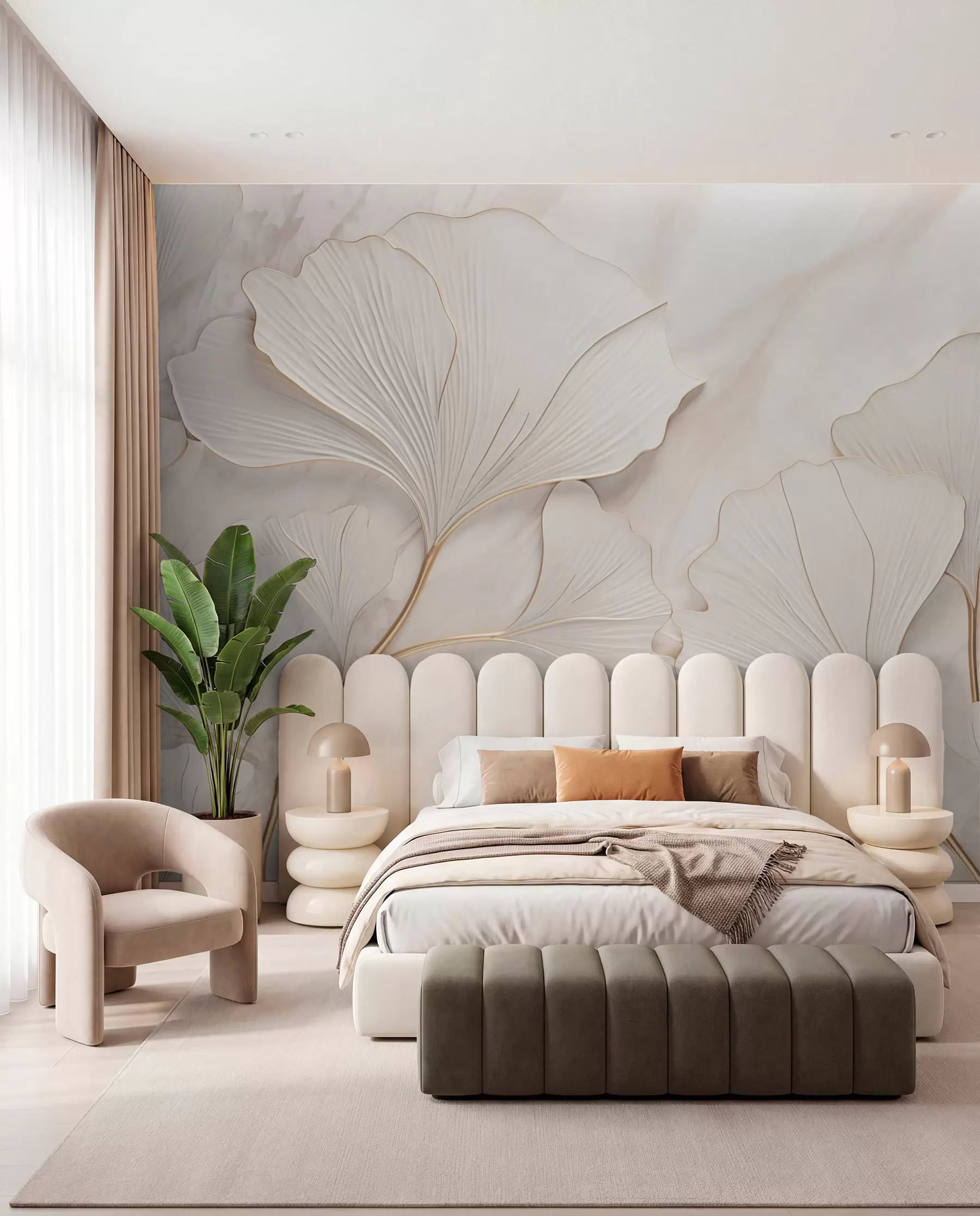 wall murals Pastel leaves on a marble background in beige tones w03440v1