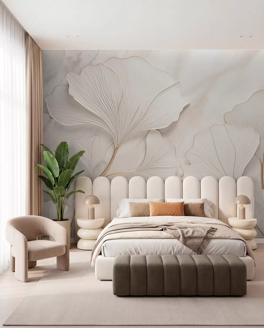 wall murals Pastel leaves on a marble background in beige tones w03440v1