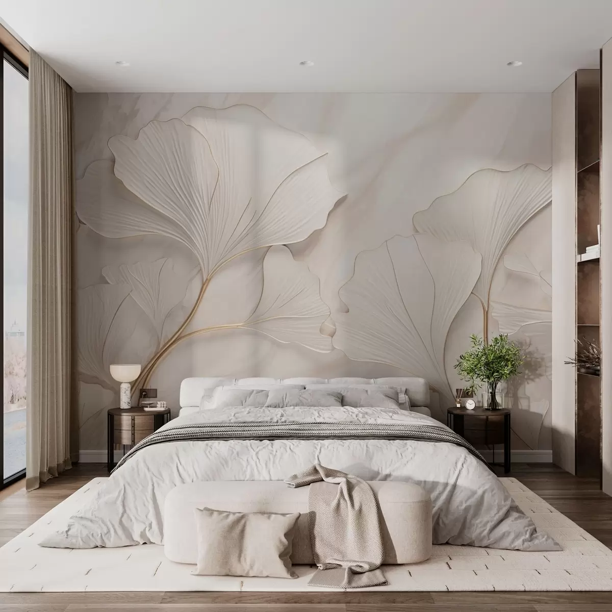wall murals Pastel leaves on a marble background in beige tones w03440v1