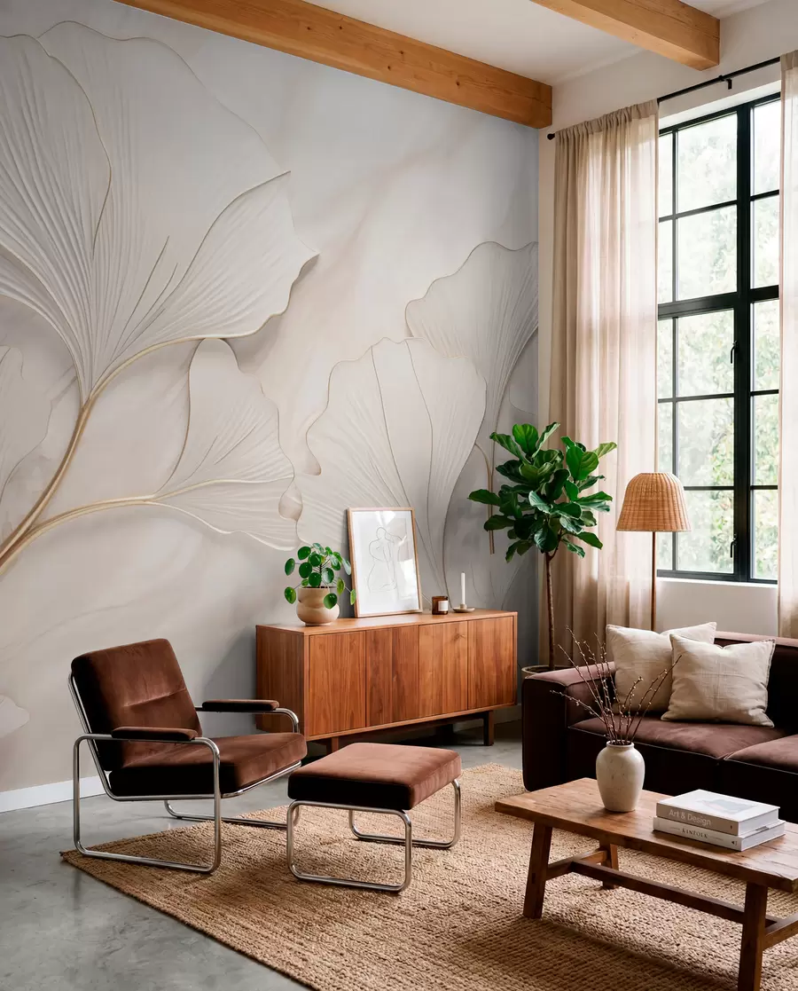wall murals Pastel leaves on a marble background in beige tones w03440v1
