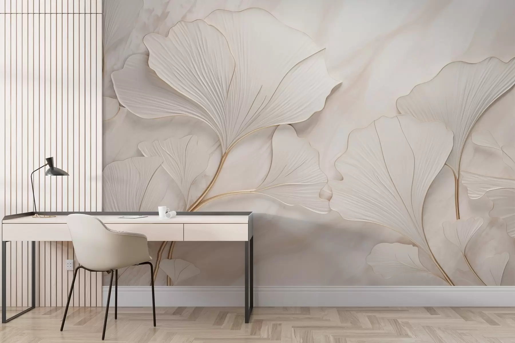 wall murals Pastel leaves on a marble background in beige tones w03440v1