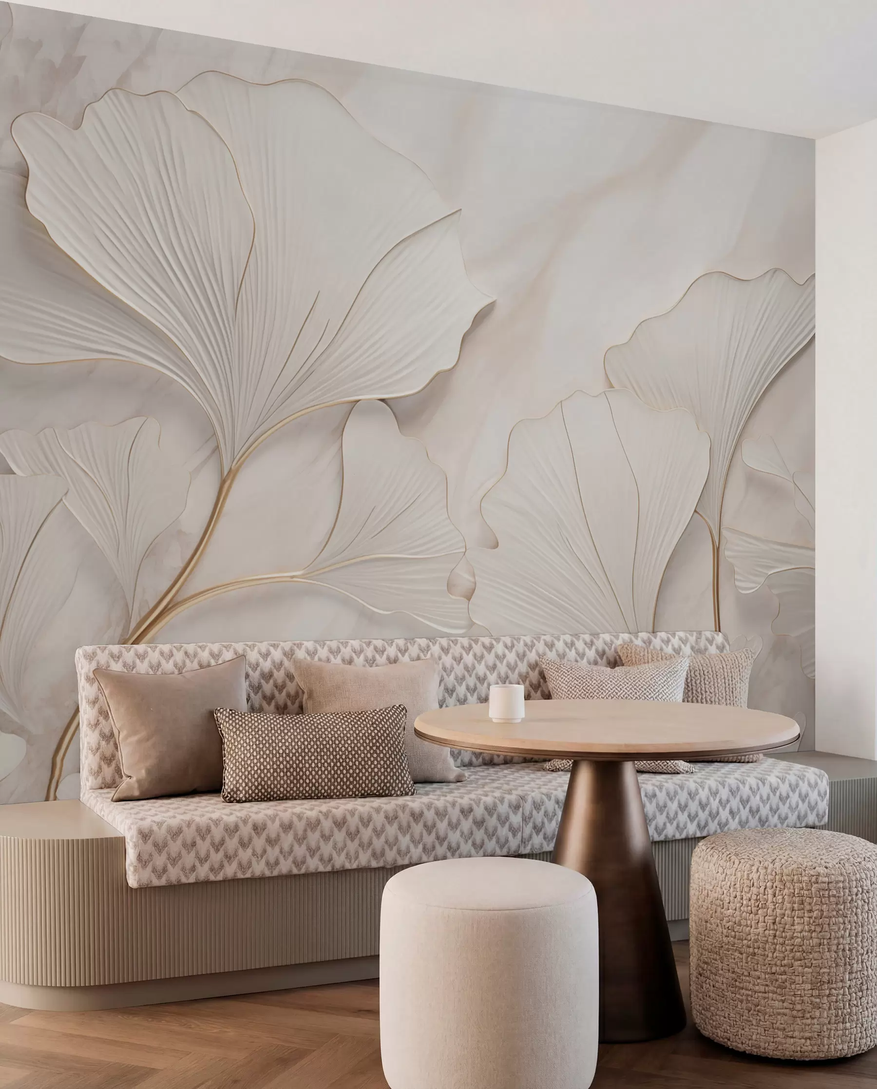wall murals Pastel leaves on a marble background in beige tones w03440v1