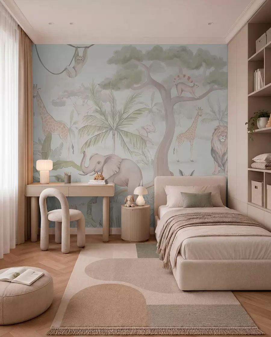 wall murals Panorama of jungle with animals in light colors w03444v1