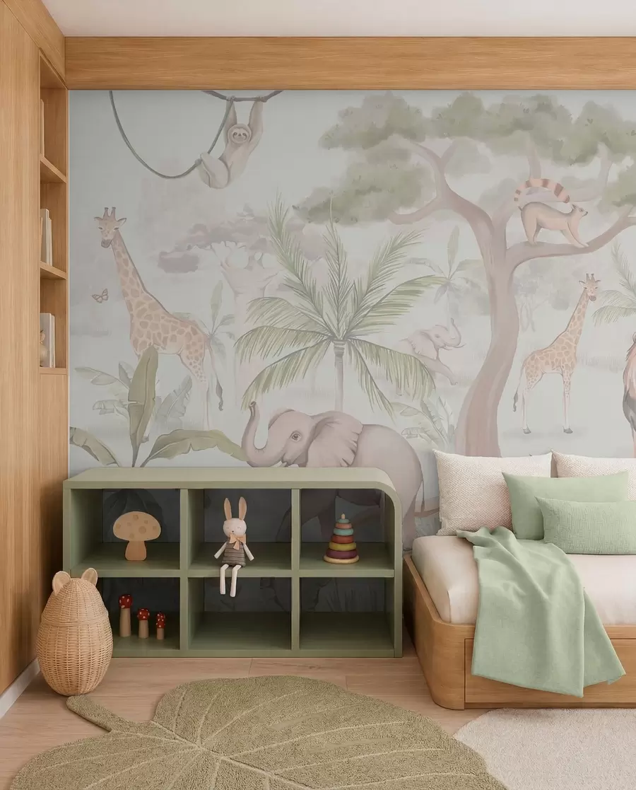 wall murals Panorama of jungle with animals in light colors w03444v1