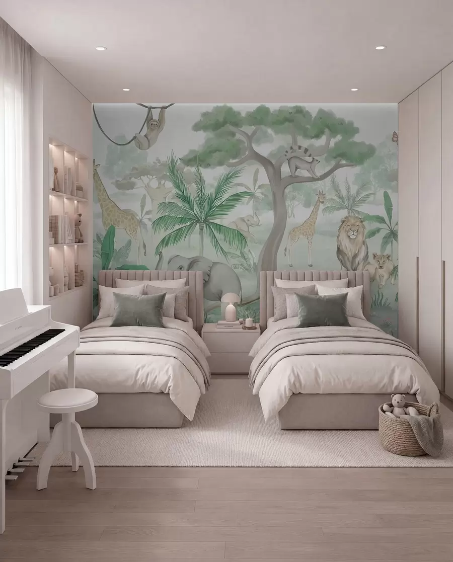wall murals Panorama of jungle with animals in green tones w03444v2