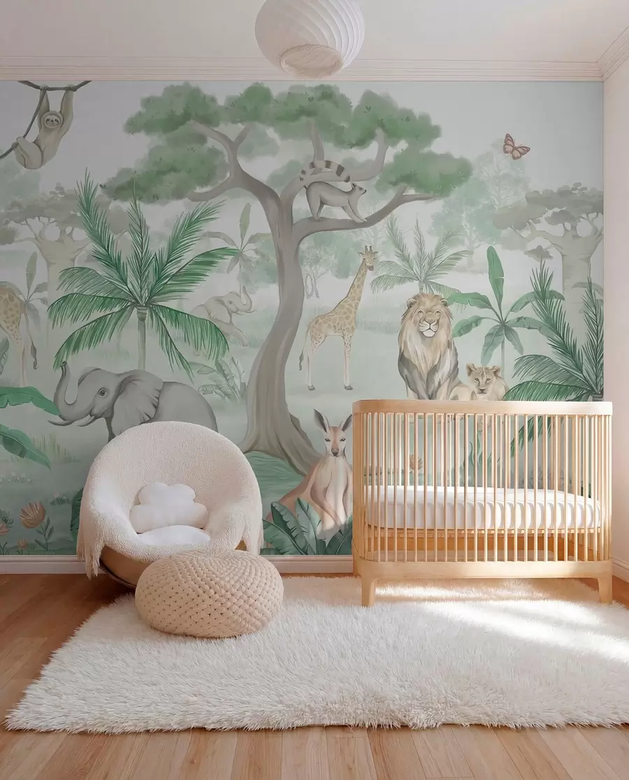 wall murals Panorama of jungle with animals in green tones w03444v2