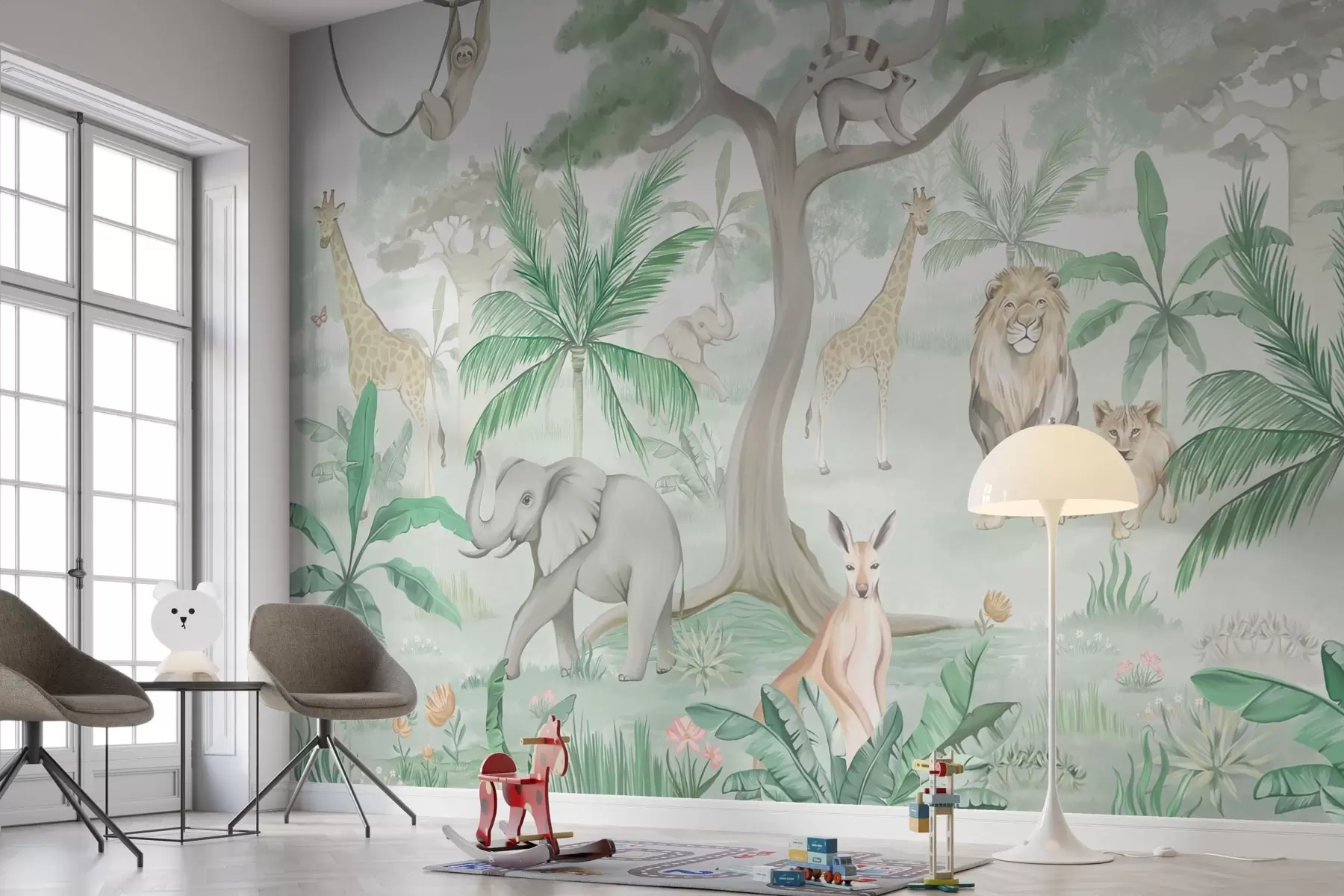 wall murals Panorama of jungle with animals in green tones w03444v2