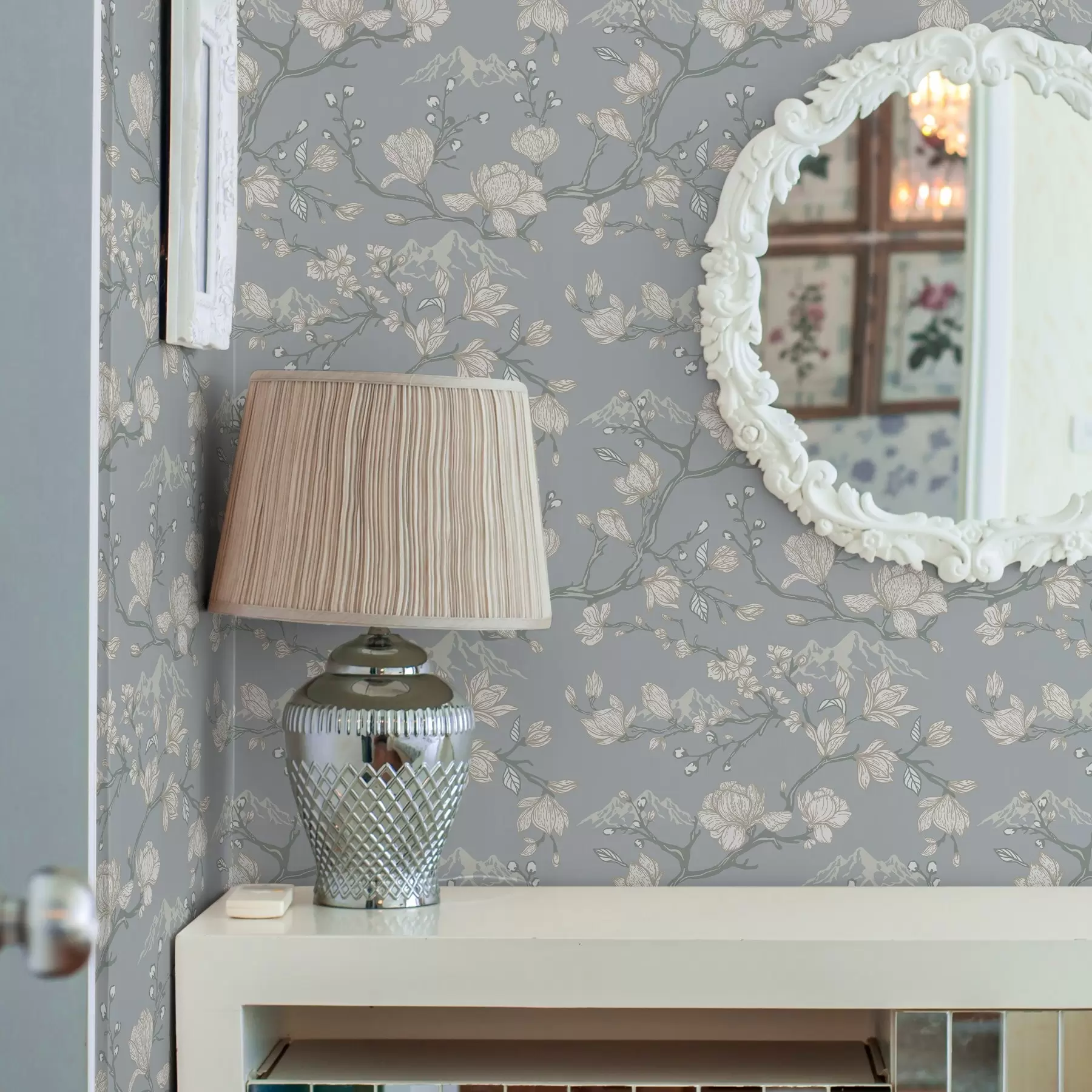 wall murals White flowers on branches and mountains on a blue background a00021