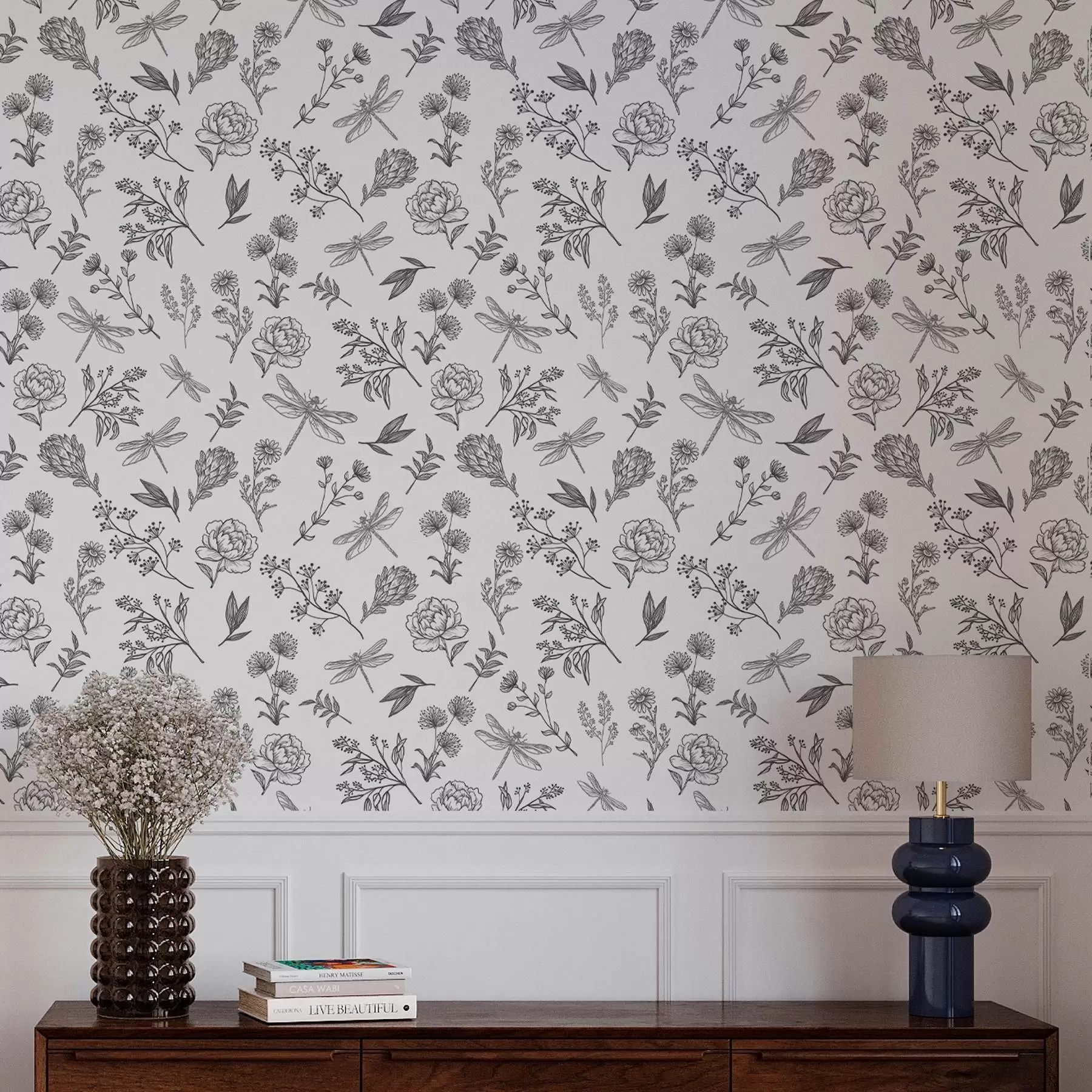 wall murals Flowers, leaves and dragonflies on white background a00025v1