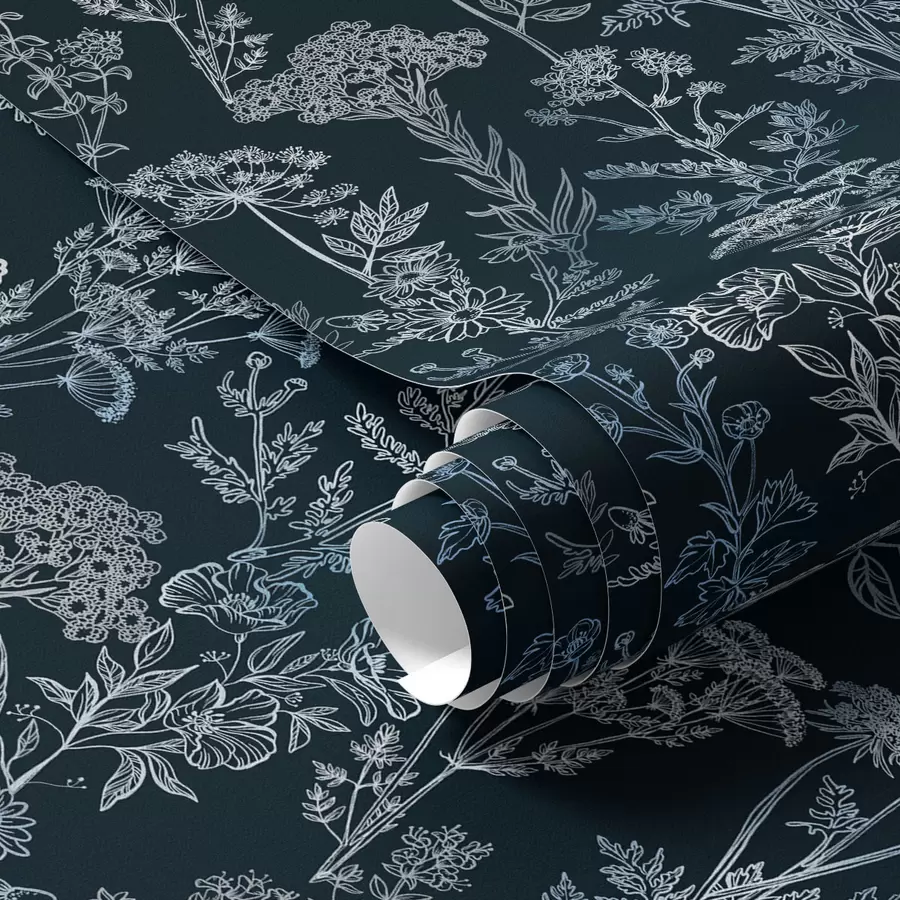 wall murals White and blue plants on a dark background a00029