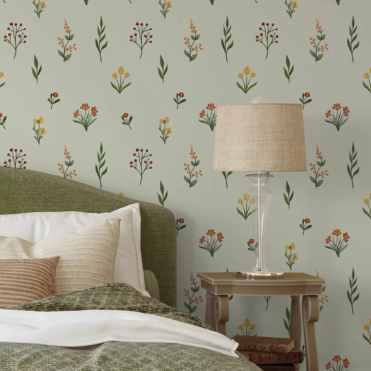 Wallpaper Minimalistic flowers on light green background a00037