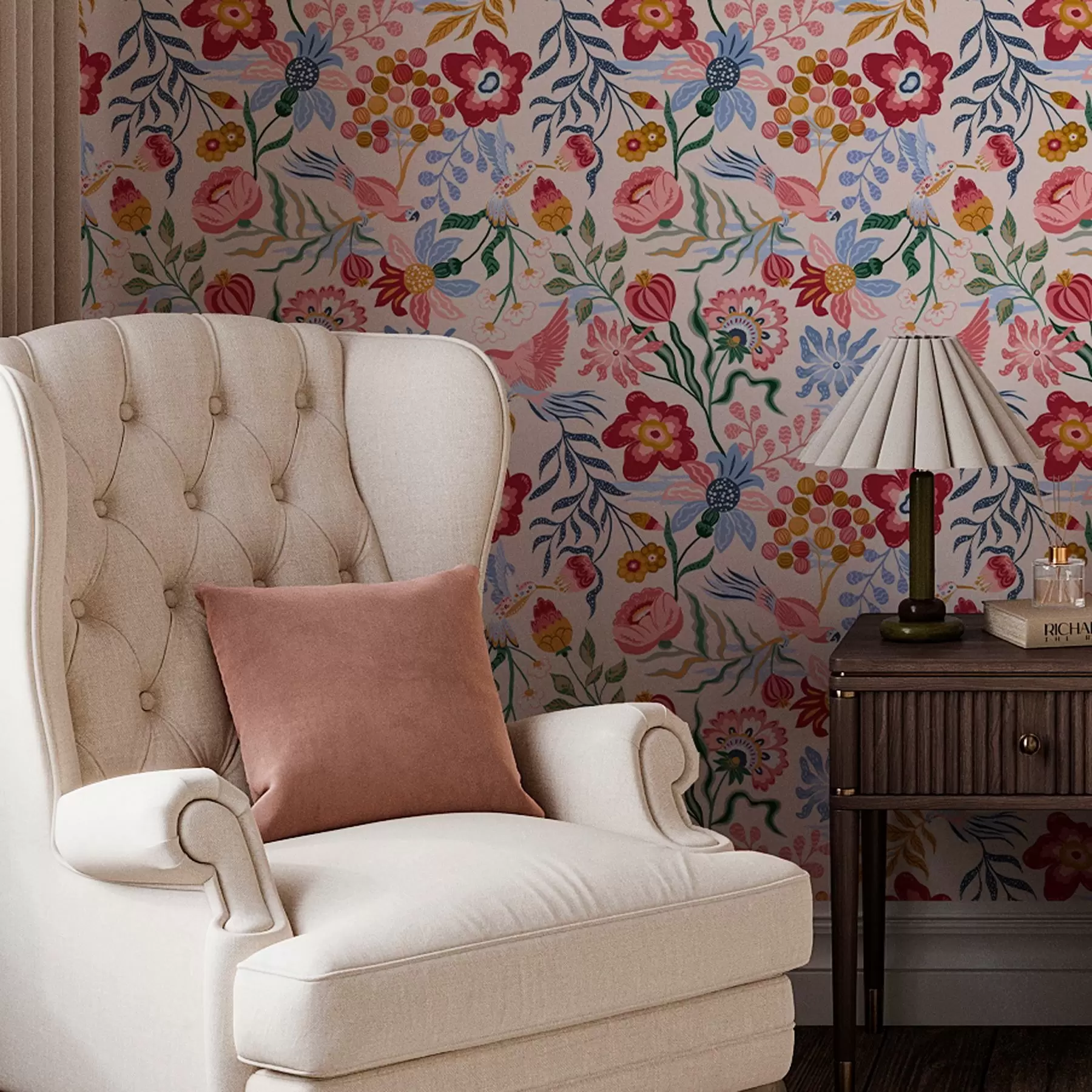 wall murals Bright flower and berry composition with parrots a00046