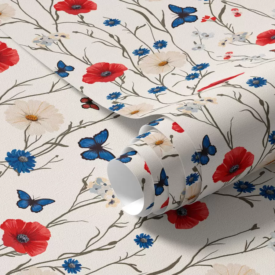 wall murals Poppies, daisies and butterflies on white background a00072