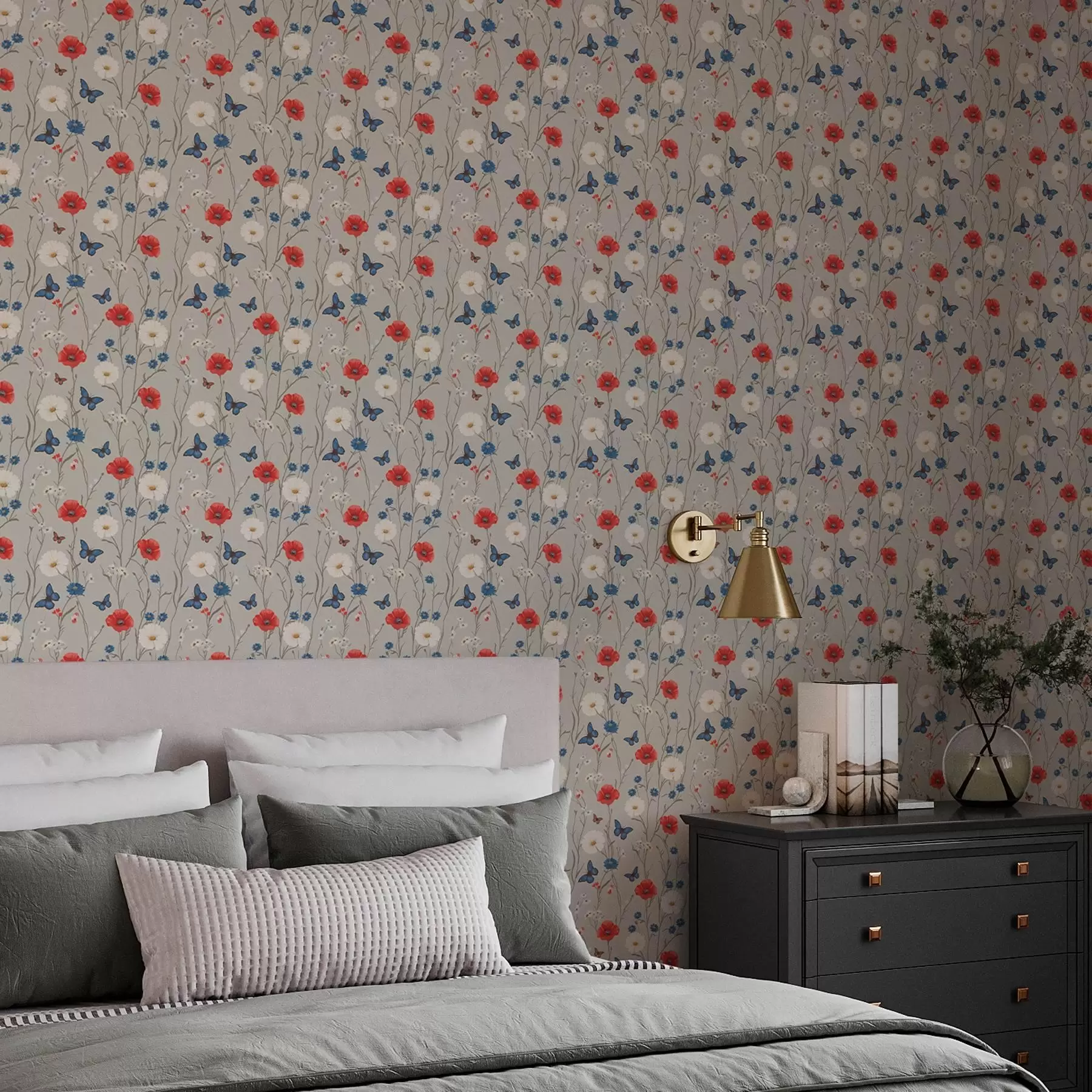 wall murals Poppies, daisies and butterflies on light gray background a00072v1