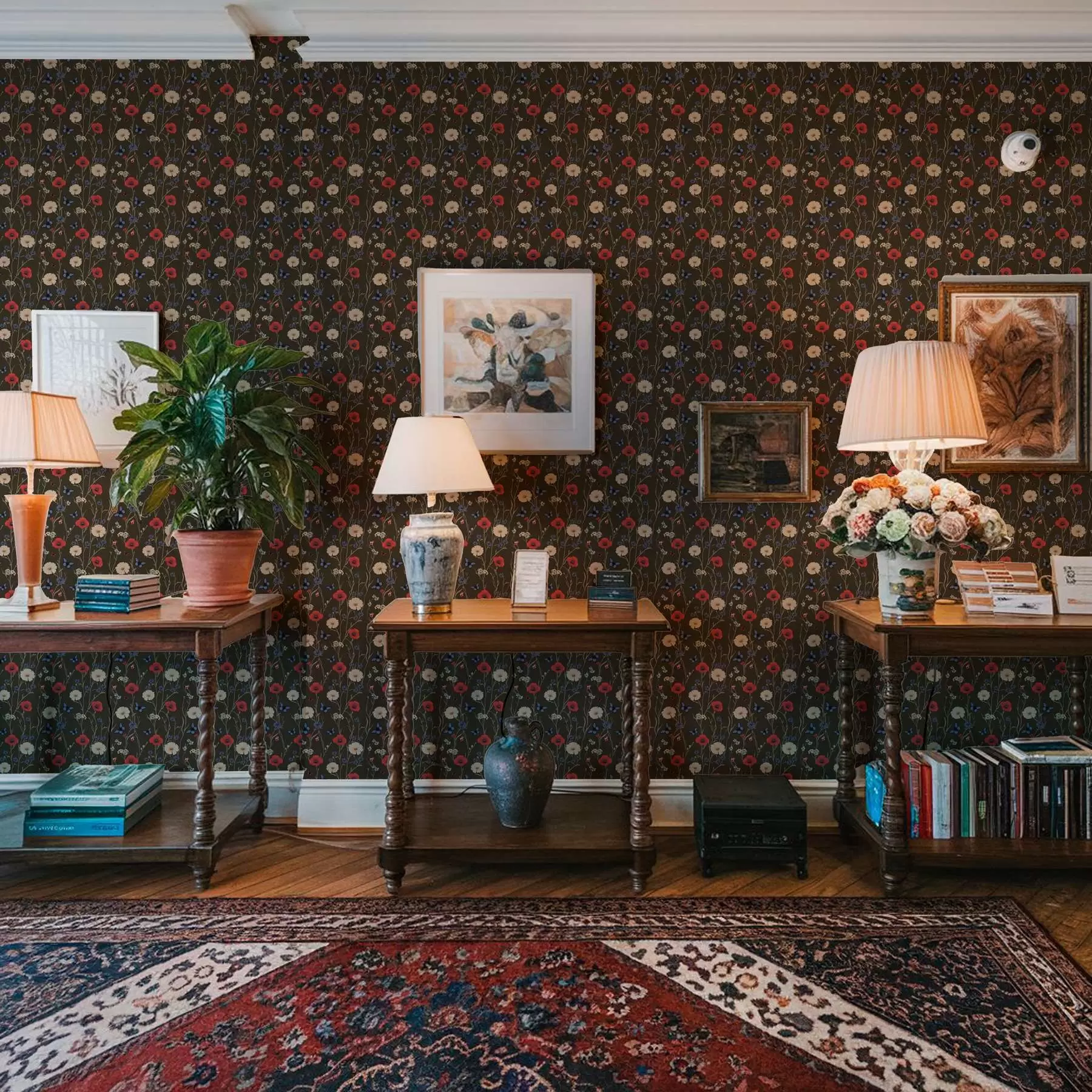 wall murals Poppies, daisies and butterflies on a dark background a00072v2