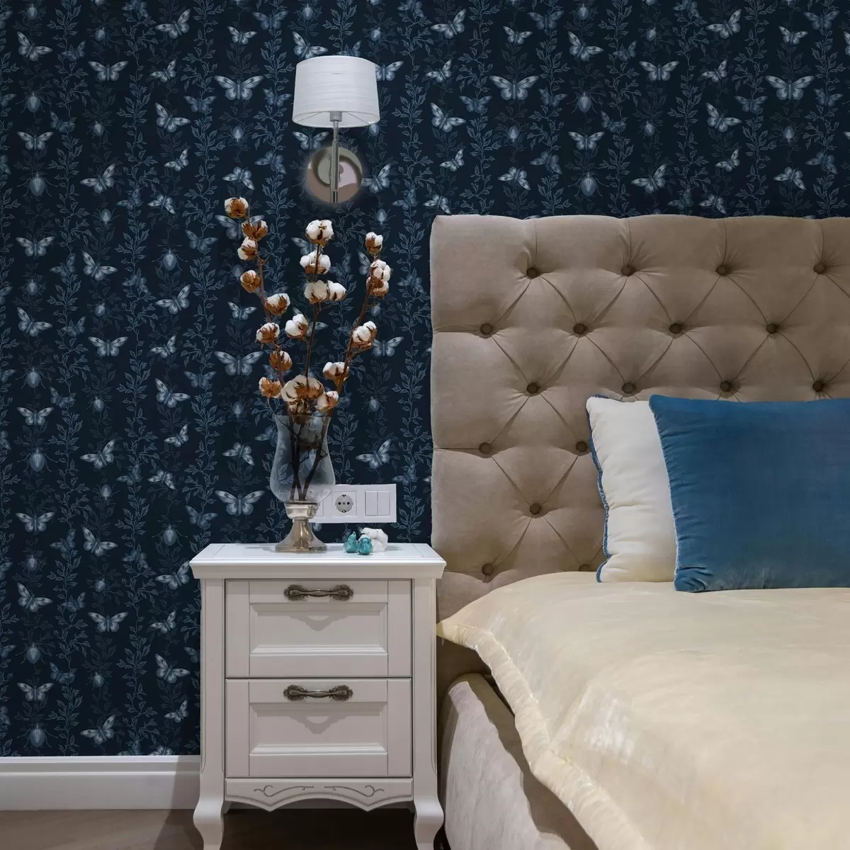 Wallpaper Composition with butterflies, leaves and insects on blue background a00073