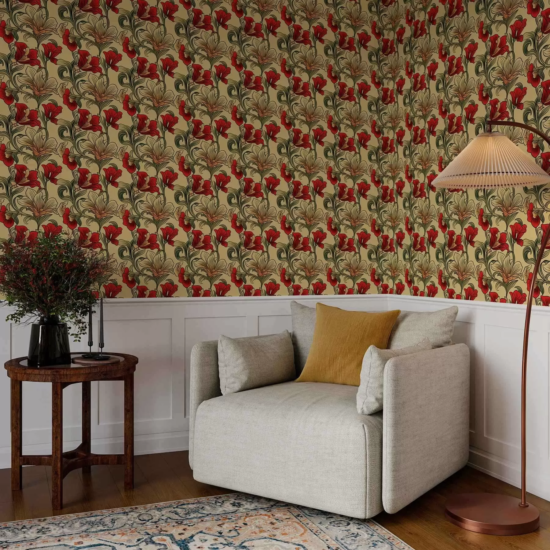 wall murals Bright twisted stems with leaves and red flowers a00075