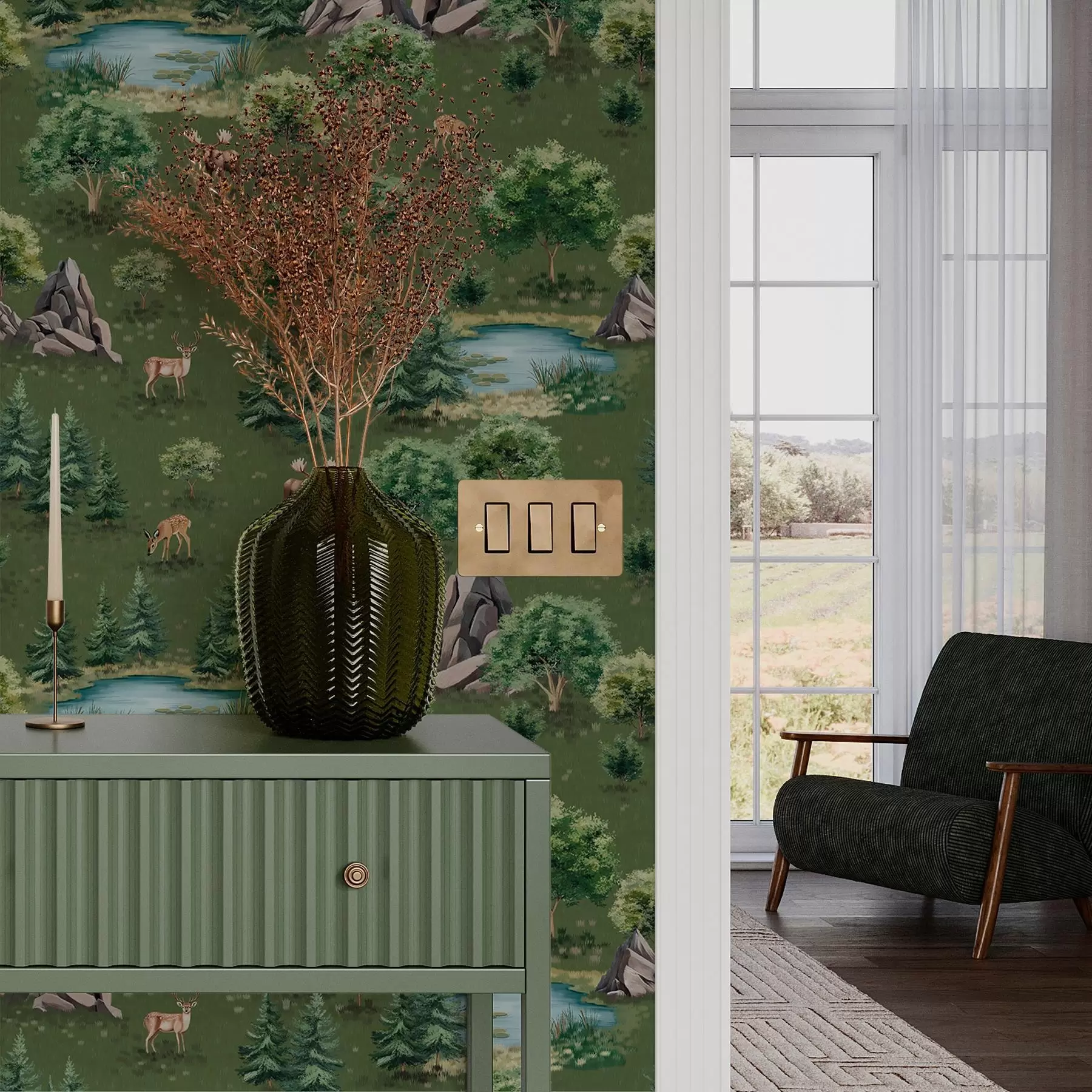 wall murals Deer by the lake with trees and rocks a00086