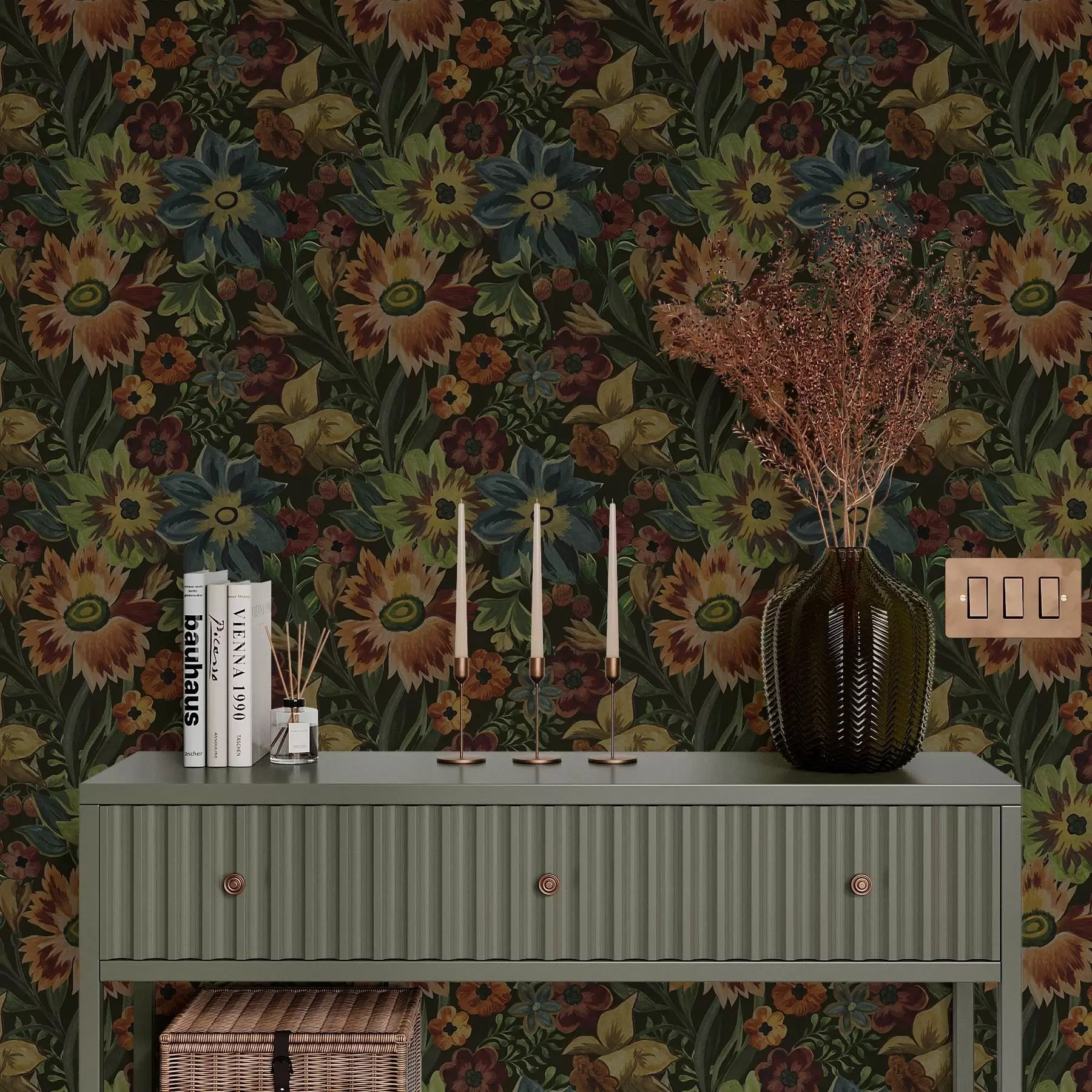 wall murals Dark flowers and leaves on dark background a00100