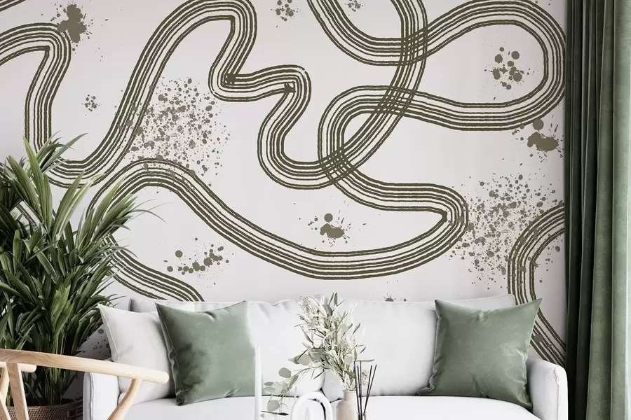 wall murals Line art drawing, paint splatters, minimalism, olive color w03408