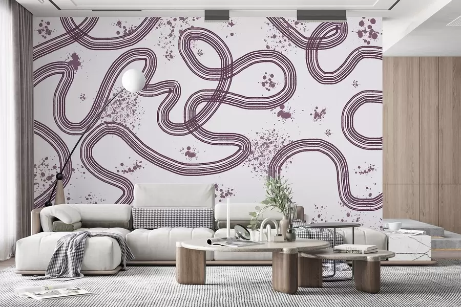 wall murals Line art drawing, paint splatters, minimalism, violet color w03408v1