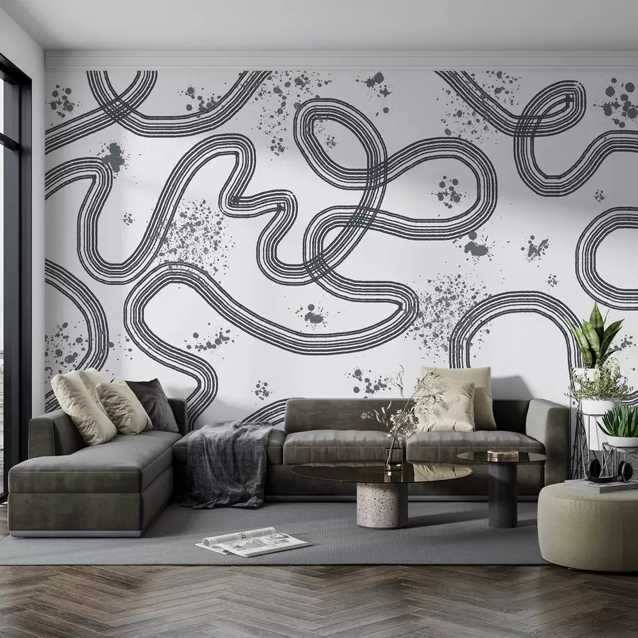 wall murals Line art drawing, paint splatters, minimalism, grey color w03408v2