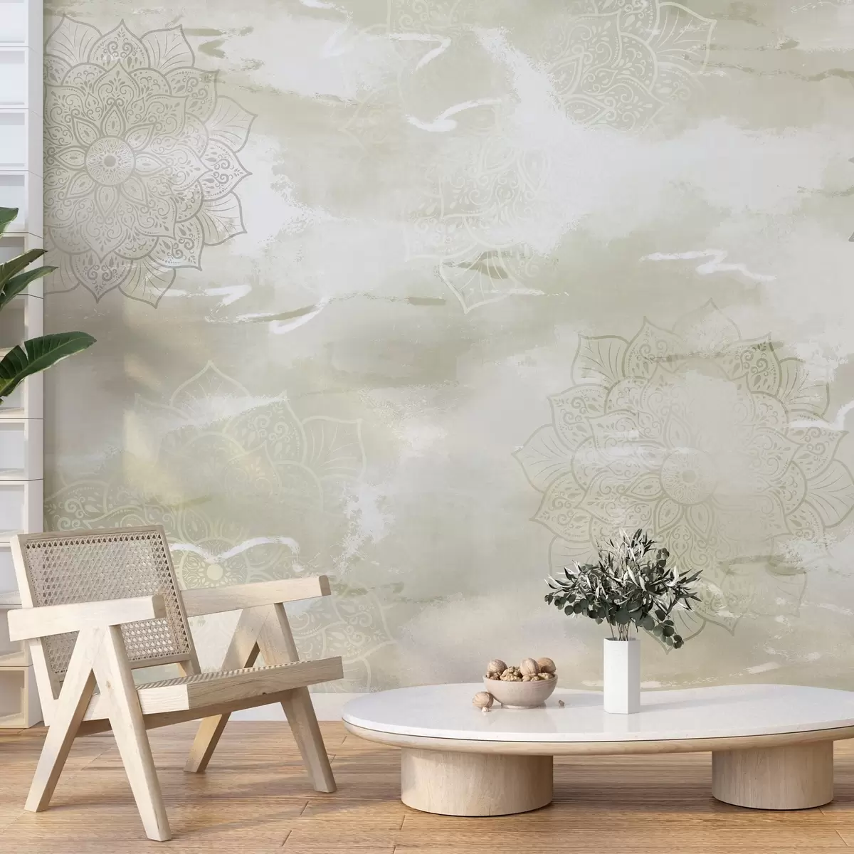 wall murals Mandalas on the pastel background, vivid brush strokes, green colors w03409v2