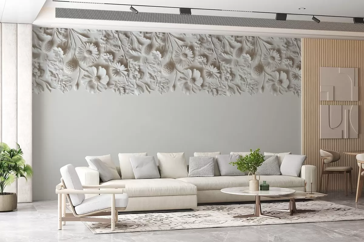 wall murals Imitation of bas-relief flowers on top in milk color w03398v1