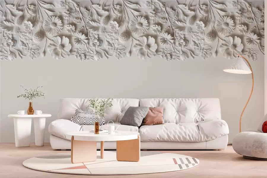 wall murals Imitation of bas-relief flowers on top in milk color w03398v1