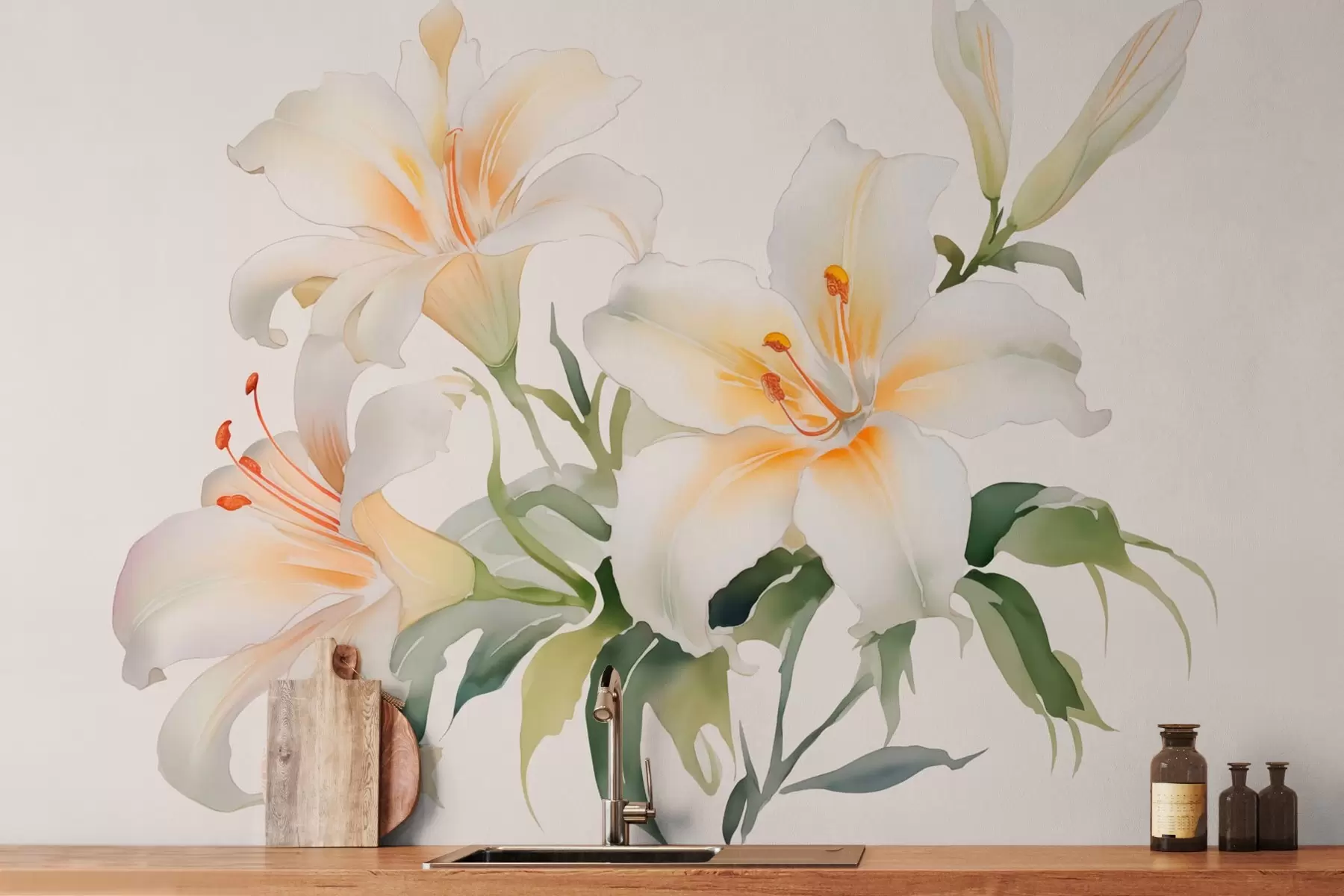 wall murals White lilies imitation watercolor w03460
