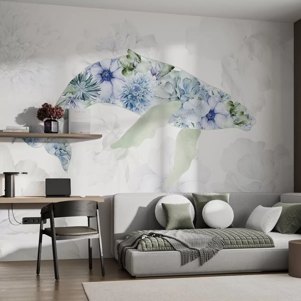wall murals Whale with watercolor flowers, ocean animals, minimalism, blue and green w03446v2