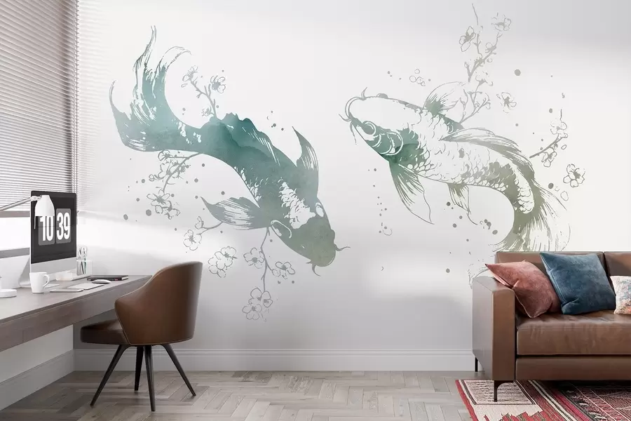 wall murals Watercolor fish, oriental style, cherry tree, green colors w03447v2