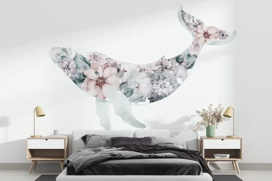 wall murals Beautiful whale with watercolor flowers, sea animals w03445v1
