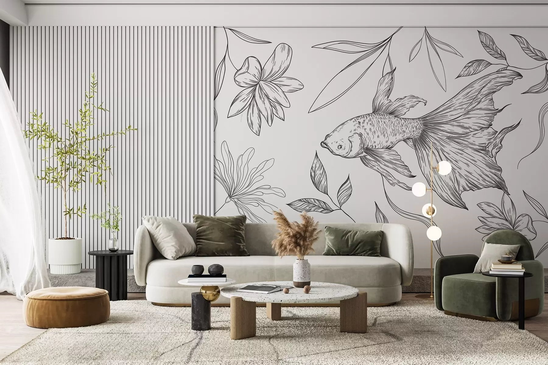 wall murals Line drawing fish with flowers, minimalism, marine, floral, ink style w03516