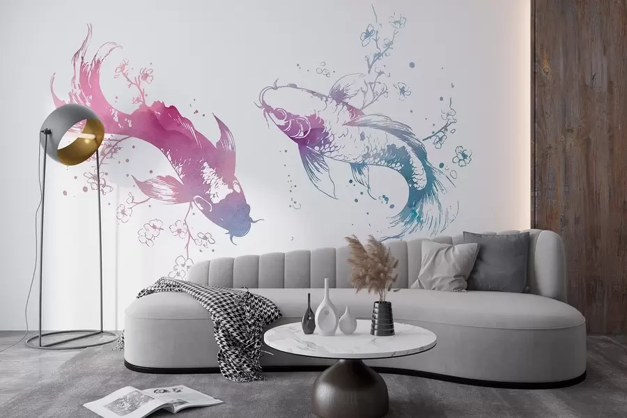 wall murals Watercolor fish, oriental style, cherry tree, blue and purple w03447