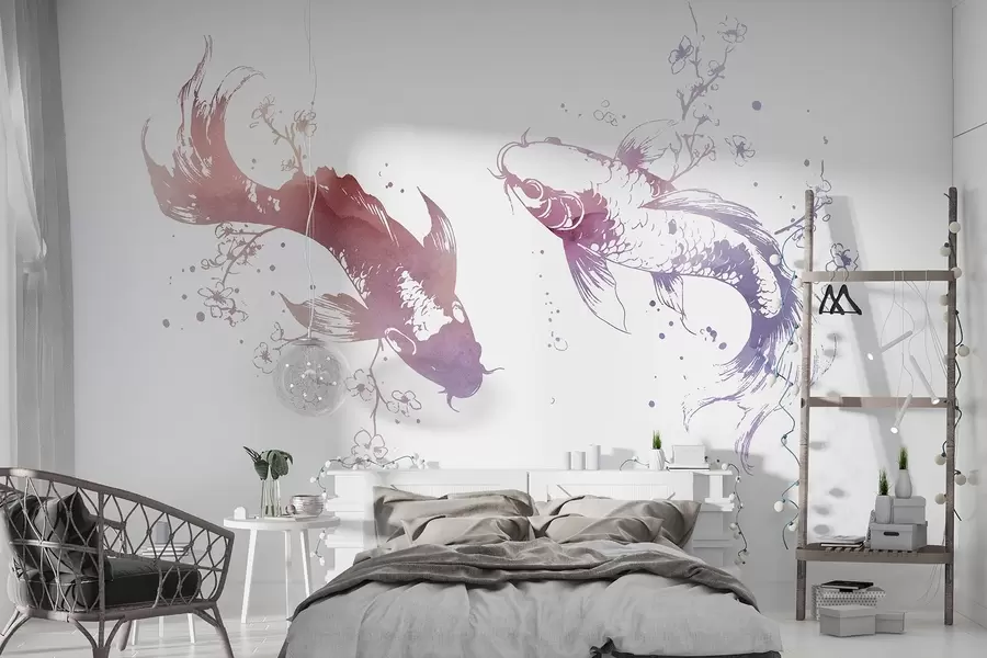 wall murals Watercolor fish, oriental style, cherry tree, purple colors w03447v1