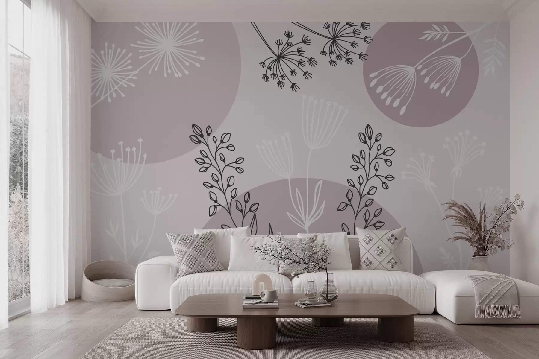wall murals Abstraction with circles and plants in pink colors w03483