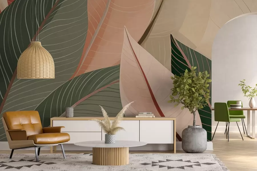 wall murals Close-up of leaves in olive green and pink-cream colors w08944