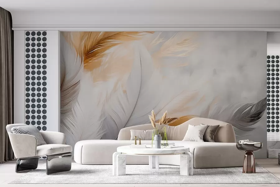 wall murals Gray and yellow feathers on a gray background w08937