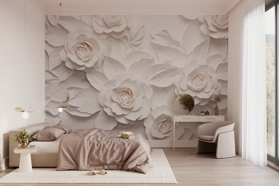 wall murals Voluminous white roses w08942