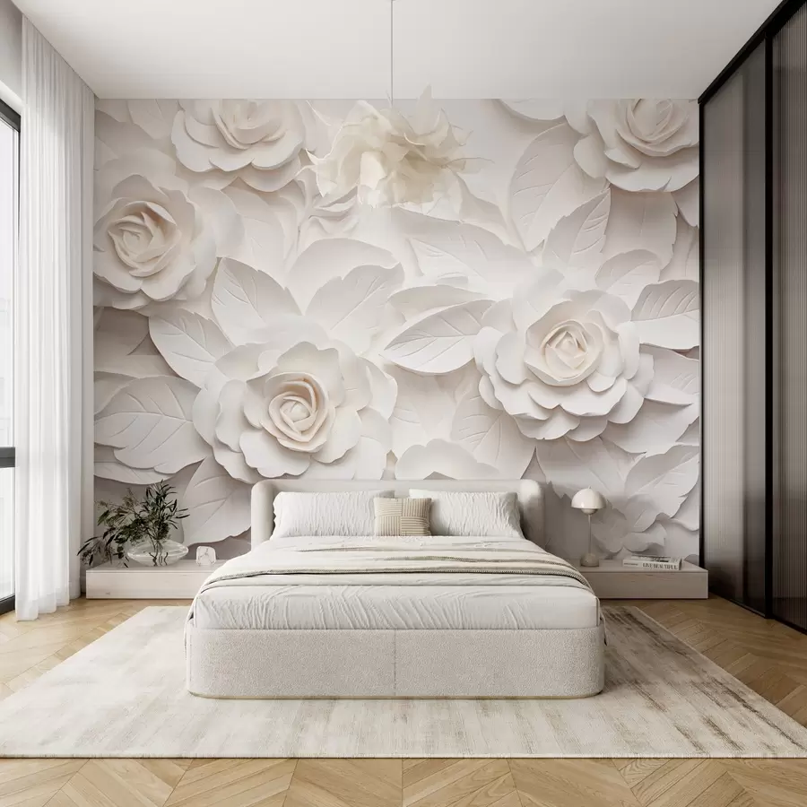 wall murals Voluminous white roses w08942
