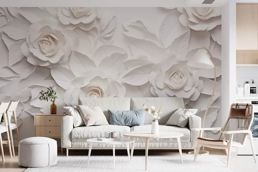 wall murals Voluminous white roses w08942